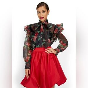 NWT New York & Co Long Sleeve Rose Print Sheer Blouse Size M.